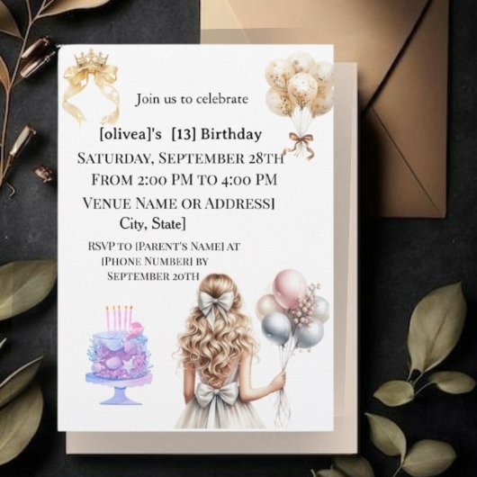 13歳の誕生日パーティーの招待状 ブロンドの可愛い女の子 招待状