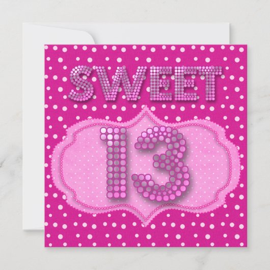13歳の誕生日パーティーピンクの水玉 招待状 (正面)