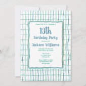 13歳の誕生日パーティー手描きブルーユニークグリーン 招待状 (正面)