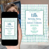 13歳の誕生日パーティー手描きブルーユニークグリーン 招待状