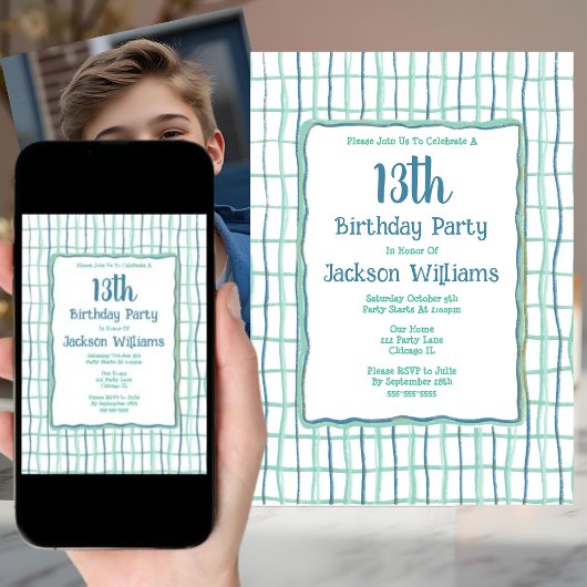 13歳の誕生日パーティー手描きブルーユニークグリーン 招待状