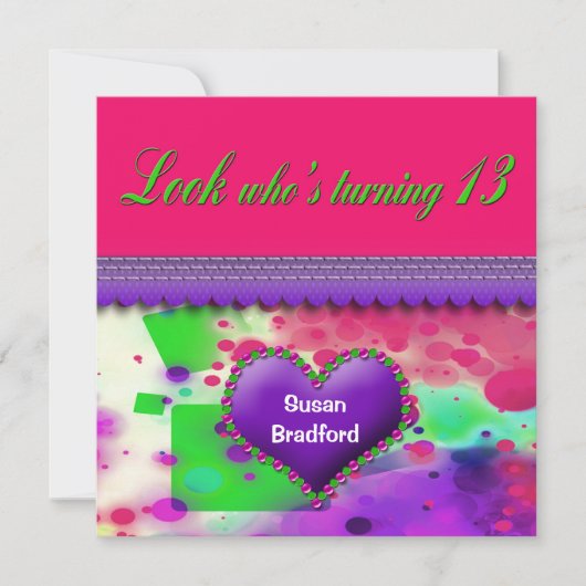 13歳の誕生日パーティー招待状 - 女の子 招待状 (正面)