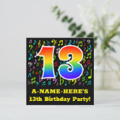 13歳の誕生日パーティー:おもしろいミュージックシンボル,レインボー13 招待状 (スタンド正面)