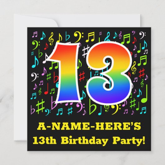 13歳の誕生日パーティー:おもしろいミュージックシンボル,レインボー13 招待状 (正面)