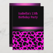 13歳の誕生日パーティー ショッキングピンク 黒 アニマル柄 招待状 (正面/裏面)