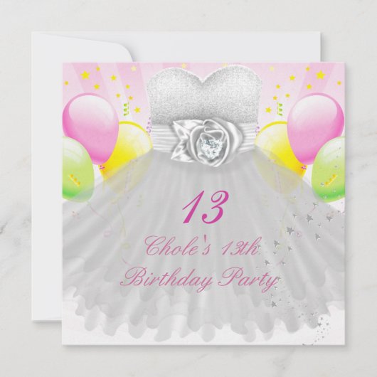 13歳の誕生日パーティー 女子 13ティーン 招待状 (正面)
