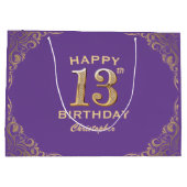 13歳の誕生日パーティー 紫と金のグリッターフレーム ラージペーパーバッグ (裏面)
