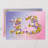 13歳の誕生日パーティー、花が咲く文字 招待状 (正面/裏面)