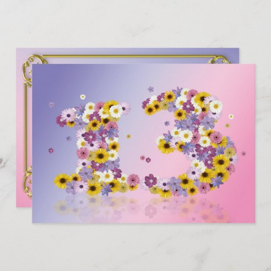 13歳の誕生日パーティー、花が咲く文字 招待状 (正面/裏面)