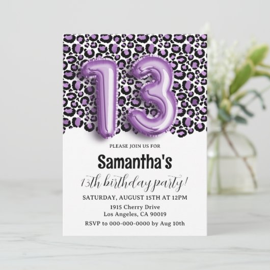 13歳の誕生日ヒョウ柄動物プリント招待状 招待状 (スタンド正面)