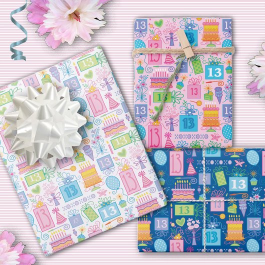 13歳の誕生日ピンクケーキが風船をプレゼント ラッピングペーパーシート