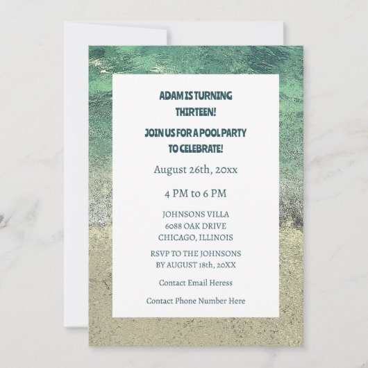 13歳の誕生日プールパーティー 水 アブストラクトアート カスタム 招待状 (正面)
