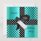 13歳の誕生日ポルカドットターコイズブルー黒白 招待状 (正面)