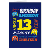 13歳の誕生日名前をカスタムするイエローブルーピクセルゲーマー (正面)