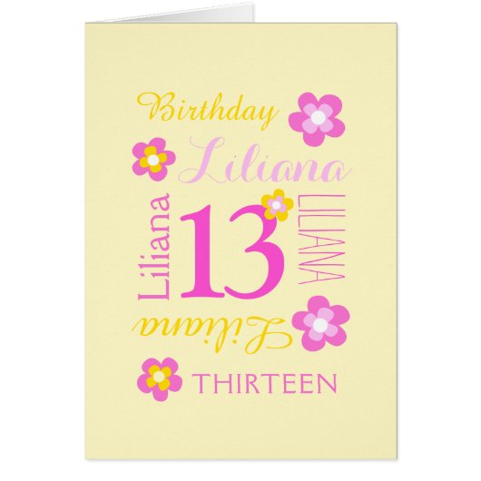 13歳の誕生日名前をカスタムする黄色いピンクの花 (正面)