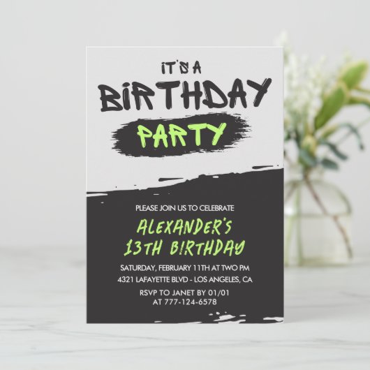 13歳の誕生日招待状グラフィティ・ボーイ・スプ絵を描レイ 招待状 (スタンド正面)