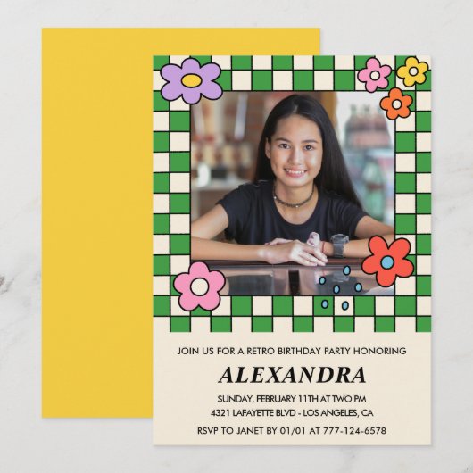 13歳の誕生日招待状レトロGroovy花 招待状 (正面/裏面)