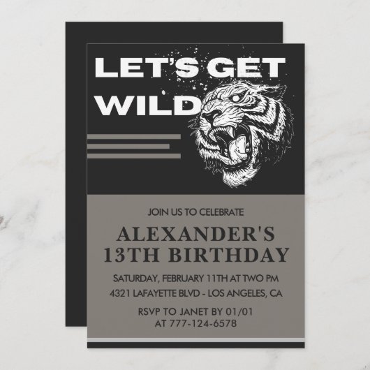 13歳の誕生日招待状少年パーティーワイルドを取得 招待状 (正面/裏面)