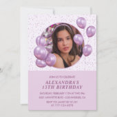 13歳の誕生日招待状風船フォトパープル 招待状 (正面)