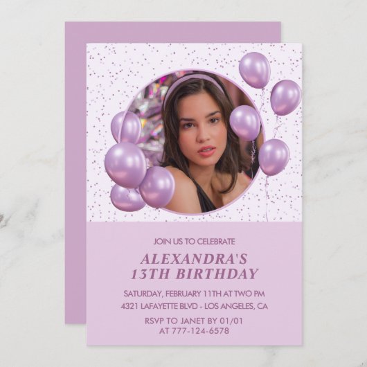 13歳の誕生日招待状風船フォトパープル 招待状 (正面/裏面)