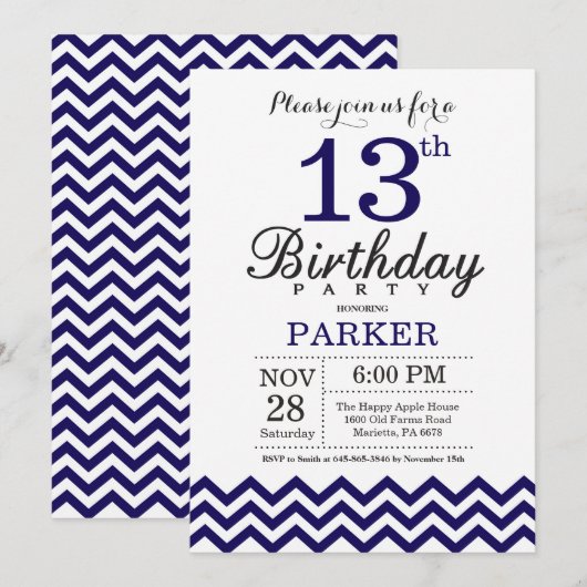 13歳の誕生日招待状 ネイビーブルーチェブロン 招待状 (正面/裏面)