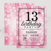 13歳の誕生日招待状 ピンクのグリッター 招待状 (正面/裏面)