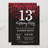13歳の誕生日招待状 赤グリッター 招待状 (正面/裏面)