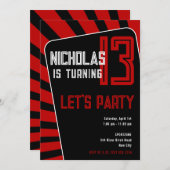 13歳の誕生日男子-あらゆる年齢 黒、赤 招待状 (正面/裏面)