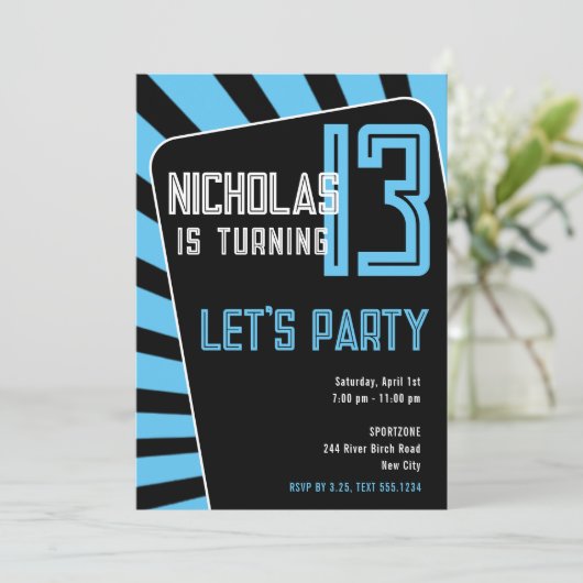 13歳の誕生日男子-あらゆる年齢 黒、青 招待状 (スタンド正面)