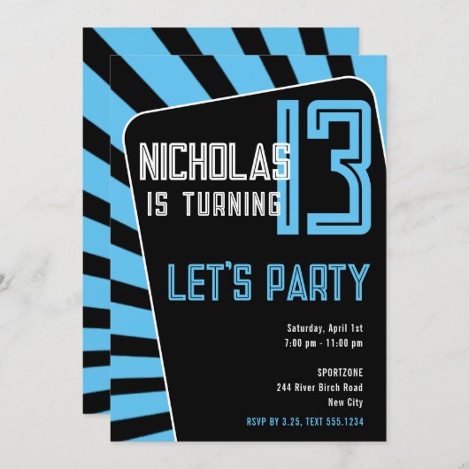 13歳の誕生日男子-あらゆる年齢 黒、青 招待状 (正面/裏面)