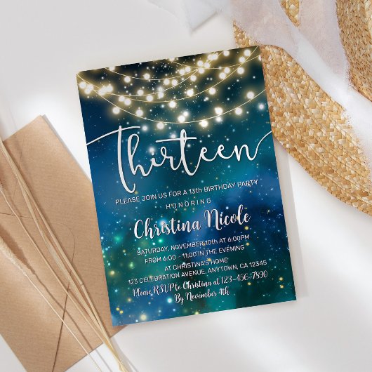 13歳の誕生日 ギャラクシー ターコイズ ブルー グリーン 招待状