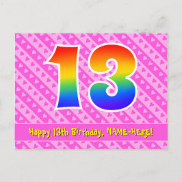 13歳の誕生日:ピンクのストライプとハート、虹色の13 ポストカード