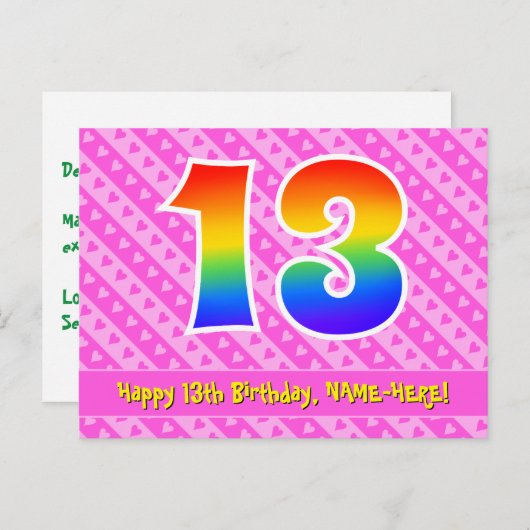 13歳の誕生日：ピンクのストライプとハート、虹色の13 ポストカード (正面/裏面)