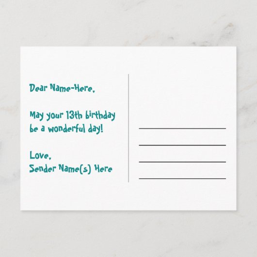 13歳の誕生日 – 楽しい花火模様 + レインボー13 ポストカード (裏面)