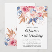 13歳の誕生日 水彩植物 フラワー 花 招待状 (正面/裏面)
