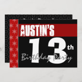 13歳の誕生日 現代的 彼のための 赤 白 黒 X200 招待状 (正面/裏面)