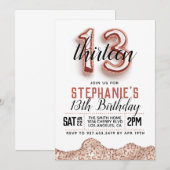 13歳 ローズゴールドの誕生日招待状 招待状 (正面/裏面)