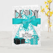 13番目の誕生日のために彼女のトレンディーきらきら光るターコイズドレス カード (黄色い花)