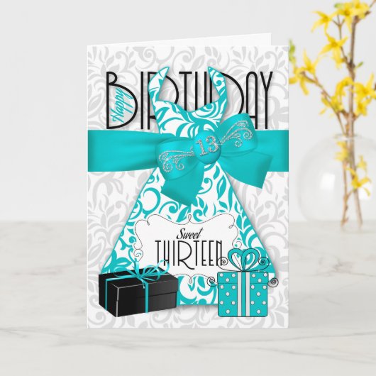 13番目の誕生日のために彼女のトレンディーきらきら光るターコイズドレス カード (黄色い花)