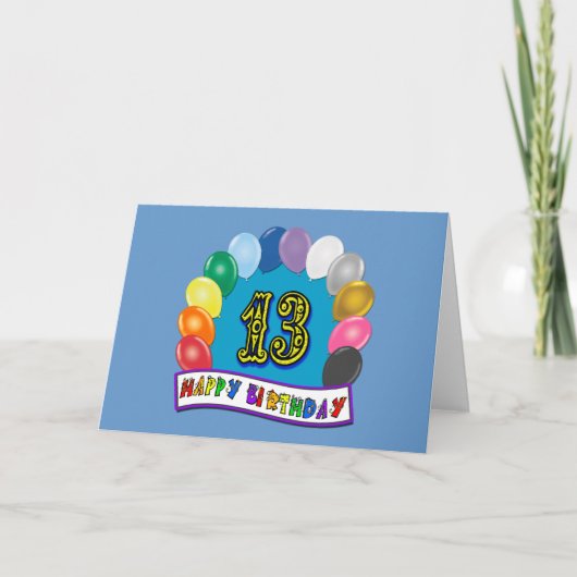 13番目の誕生日の贈り物と風船の詰め合わせデザイン カード (正面)