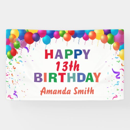 13番目の誕生日カラフル風船（白） 横断幕 (横)