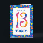 13番目の誕生日カード(Son, ストライプ Stars用) カード<br><div class="desc">Judy Adamsonのデジタルデザインから、明るくカラフル13番目のSonストライプの用誕生日カ縁どードで、数値と星の数字が入っています。必要な内部メッセージを変もし更できます。</div>