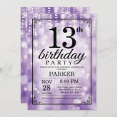 13番目の誕生日招待状パープルグリッター 招待状 (正面/裏面)