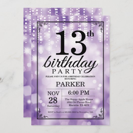 13番目の誕生日招待状パープルグリッター 招待状 (正面/裏面)