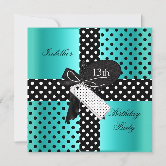 13番目の誕生日水玉模様ティール（緑がかった色）ブルー白黒 招待状 (正面)