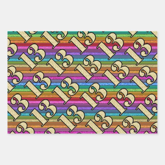 13番目の誕生日金ゴールドナンバーズレインボーストライプグリッター ラッピングペーパーシート (正面3)