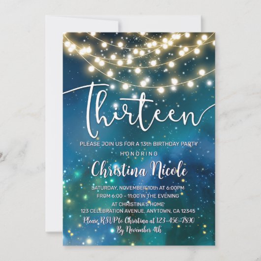 13番目の誕生日銀河系ターコイズブルーグリーン 招待状 (正面)