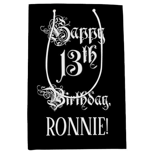 13番目の誕生日: ファンシー、スクリプエレガントト+名前をカスタムする ミディアムペーパーバッグ (正面)