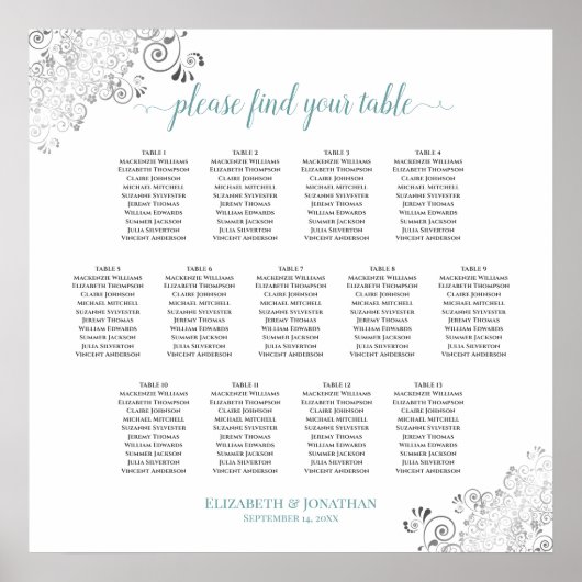 13表フリリー結婚の座席表ホワイト&ティール（緑がかった色） ポスター (正面)