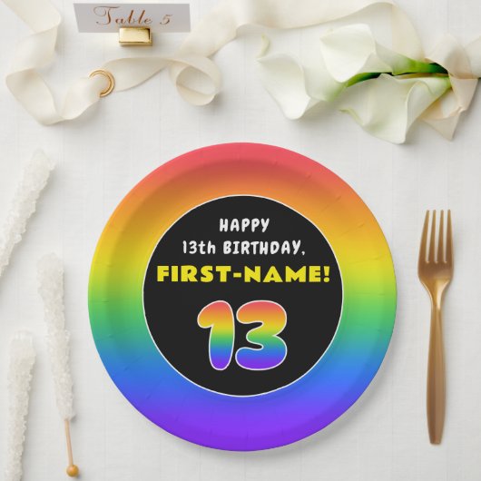 13誕生日カラフル:レインボー# 13,名前をカスタムする ペーパープレート (ウェディング)